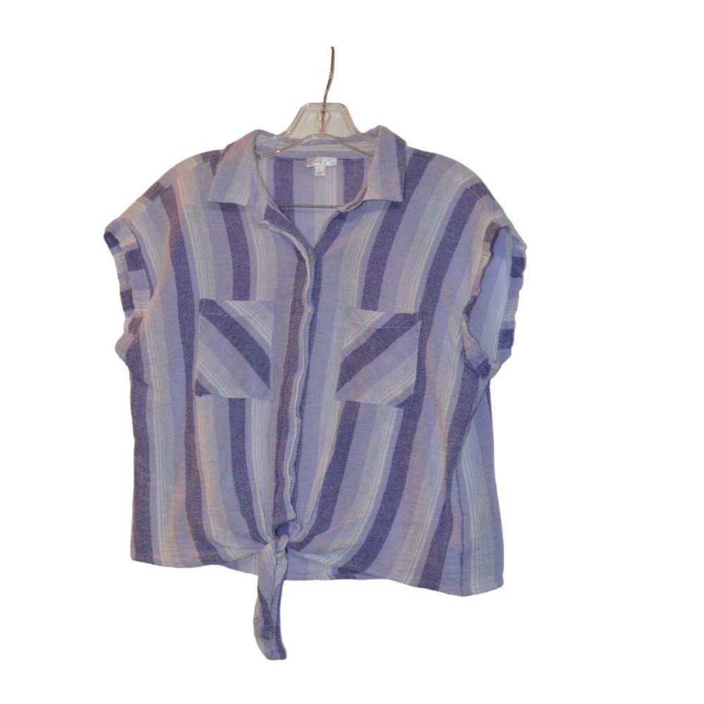 Tea Rose Cotton Purple Stripes Pockets Down Buttons Cropped Shirt Tie L